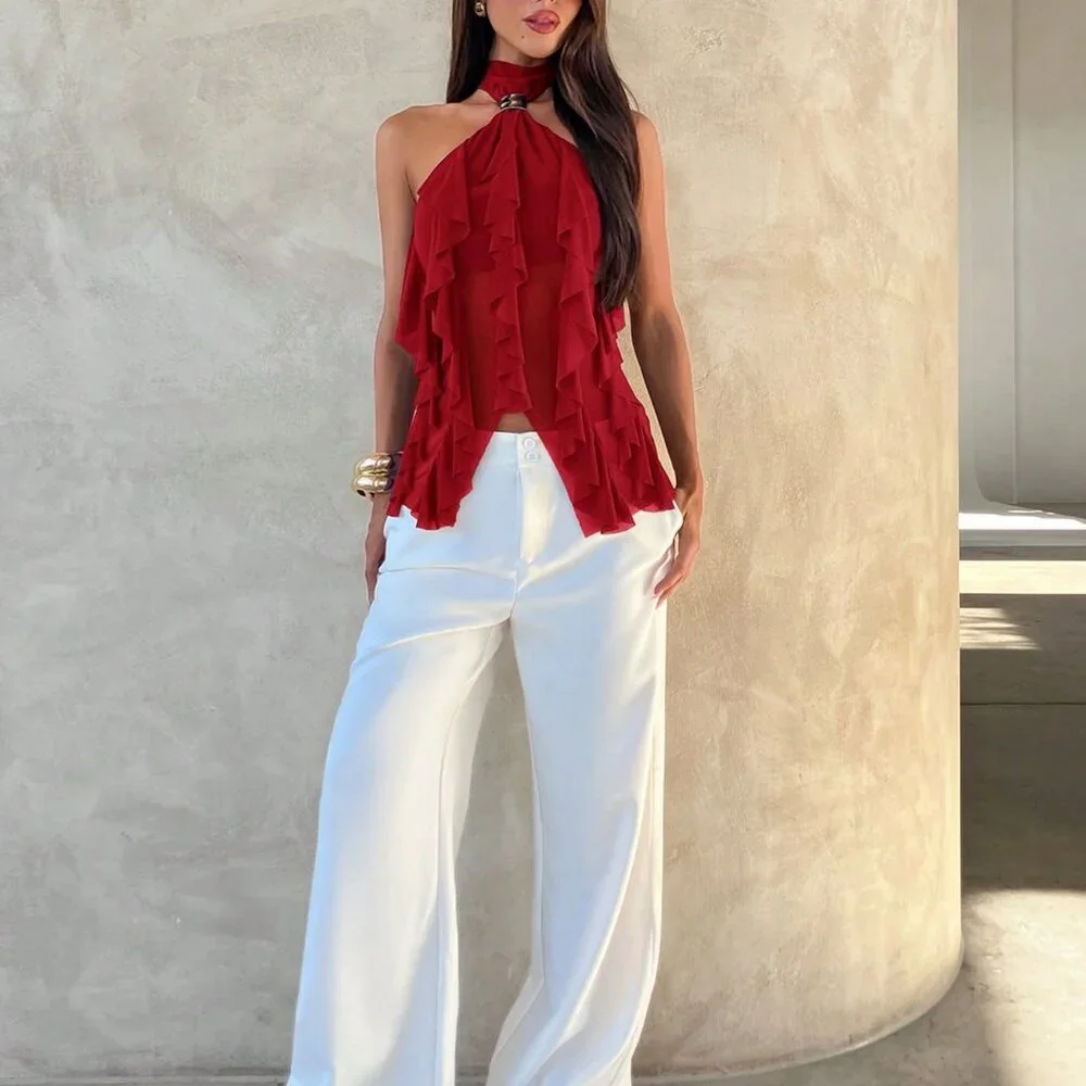 Red Casual Women's Elegant Multi-Layer Ruffle Trim Stand Collar Fitted Tank Top - Picture 4 of 8